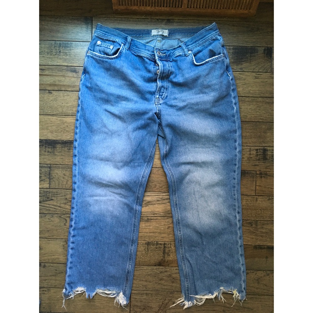 We The Free People Boho Straight Leg Jeans Med Wash Raw Hem Button Fly Size 32